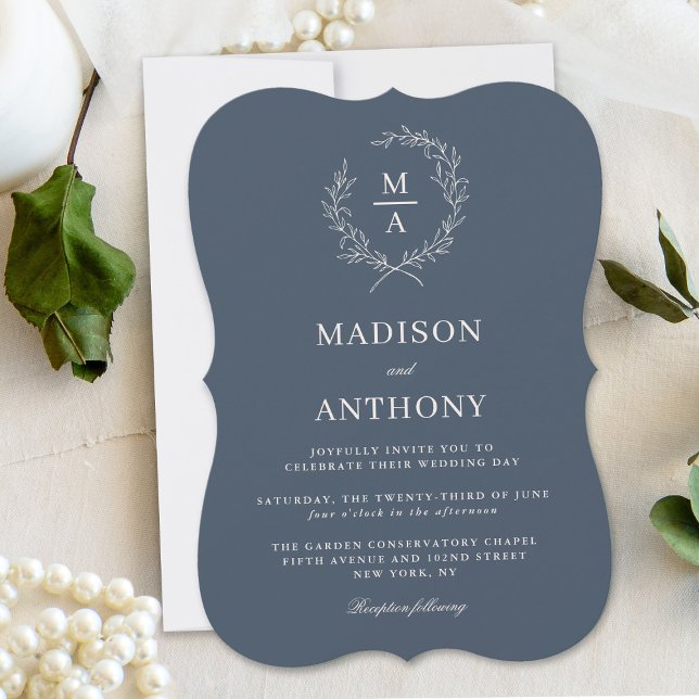 Navy Blue Simple Elegant Monogram Wedding Invitation (Creator Uploaded)