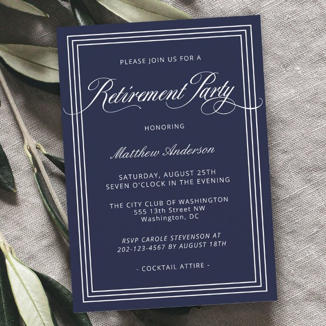 Navy Blue Simple Elegant Retirement Party Invitation (Creator Uploaded)
