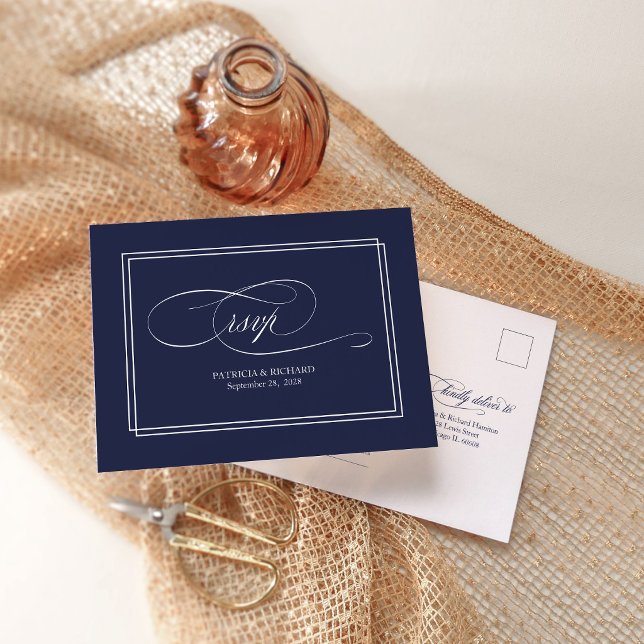 Navy Blue Simple Elegant Wedding RSVP Postcard (Creator Uploaded)