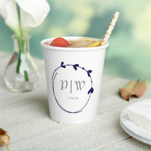 Navy Blue Simple Heart Wreath Monogram Wedding Paper Cups