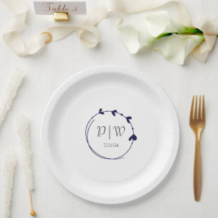 Navy Blue Simple Heart Wreath Monogram Wedding Paper Plate