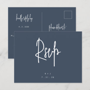 Navy Blue Simple Lettering Wedding RSVP Postcard