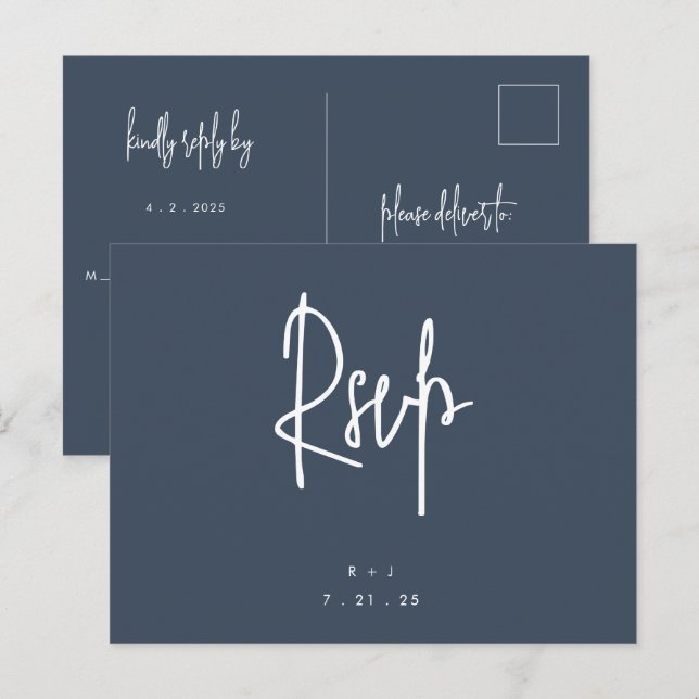 Navy Blue Simple Lettering Wedding RSVP Postcard (Front/Back)