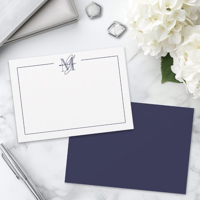 Navy Blue Simple Minimalist Name Monogram Card (Navy Blue Simple Minimalist Name Monogram Note Card )