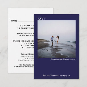 Navy Blue Simple Modern Minimalist Photo Wedding RSVP Card