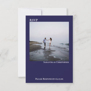 Navy Blue Simple Modern Minimalist Photo Wedding RSVP Card