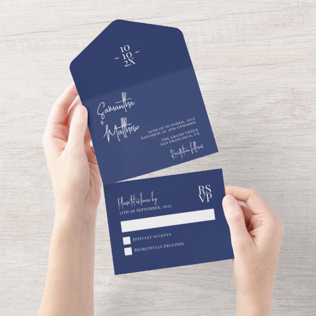 Navy Blue Simple Modern Rustic Wedding All In One Invitation (Tearaway)