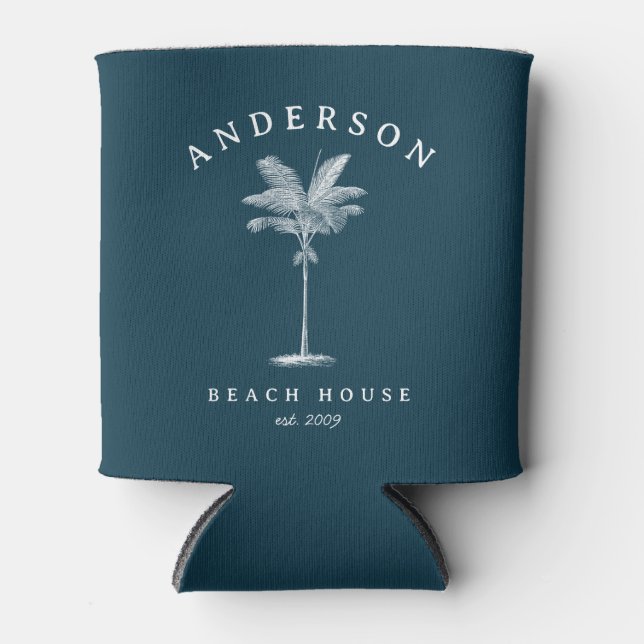 Navy Blue Simple Palm Tree Beach House Can Cooler (Front)