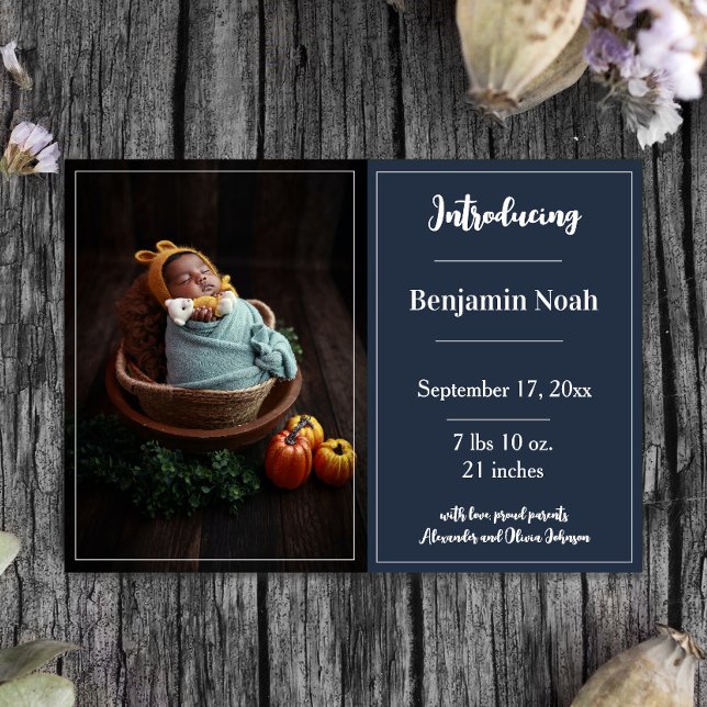 Navy Blue Simple Photo Birth Announcement (Navy Blue Simple Photo Birth Announcement)