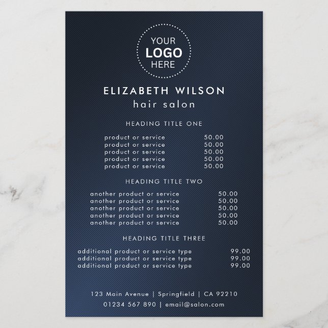Navy-Blue | Simple Salon Service Menu Flyer (Front)