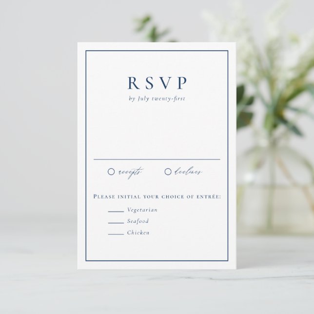 Navy Blue Simple Typography Formal Wedding RSVP Card (Standing Front)