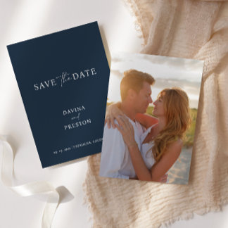 Navy Blue Simple Wedding Script Modern Photo Save The Date