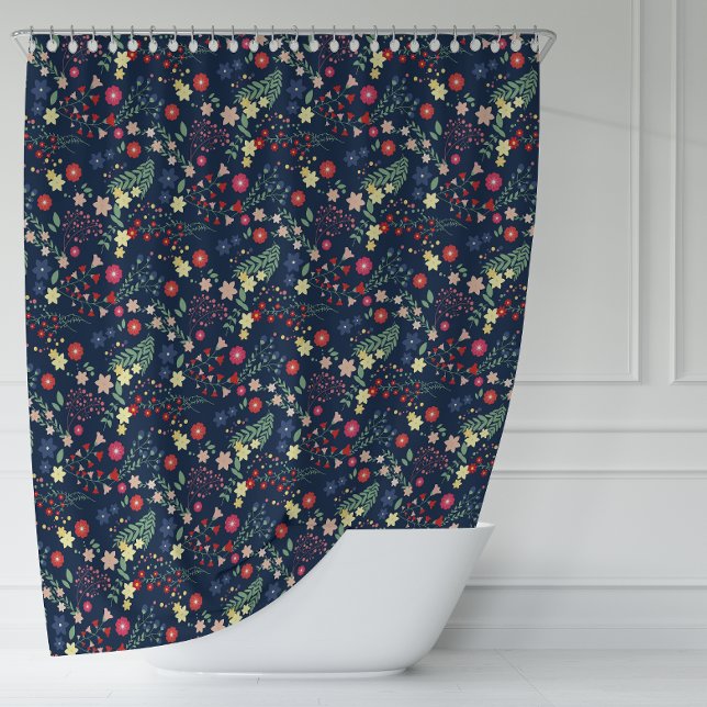 Navy Blue Simple Wildflower  Pattern  Shower Curtain (Navy Blue Simple Wildflower Pattern Shower Curtain)