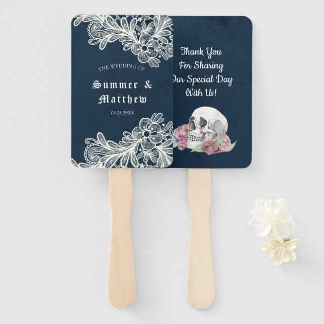 Navy Blue Skull Pink Roses Lace Gothic Wedding Hand Fan (Front and Back)