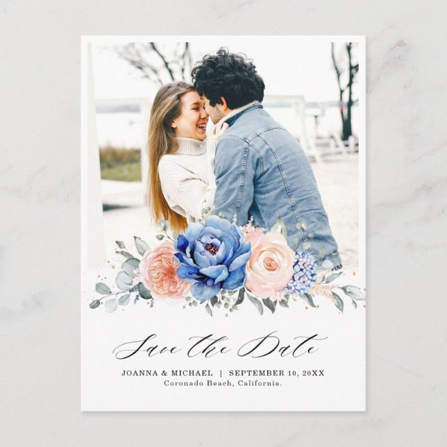 Navy Blue Slate Dusty Blush Floral Save the date Postcard (Front)