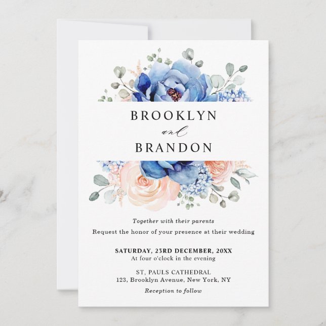 Navy Blue Slate Dusty Blush Pink Floral Wedding  Invitation (Front)