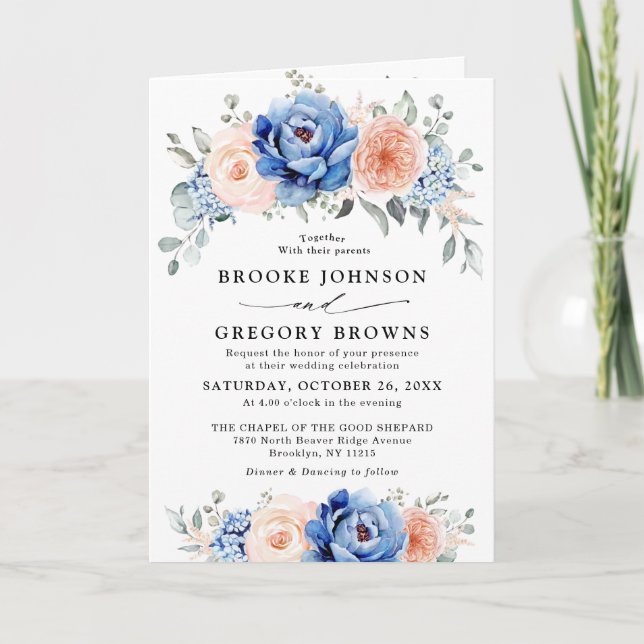 Navy Blue Slate Dusty Blush Pink Floral Wedding  Invitation (Front)
