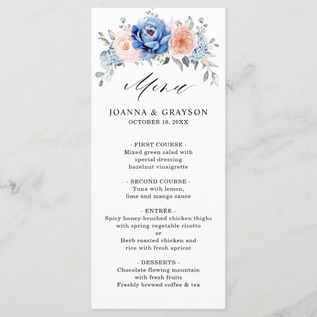 Navy Blue Slate Dusty Blush Pink Floral Wedding Menu (Front)