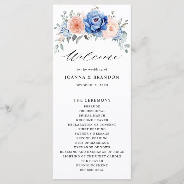 Navy Blue Slate Dusty Blush Pink Floral Wedding Programme (Front)