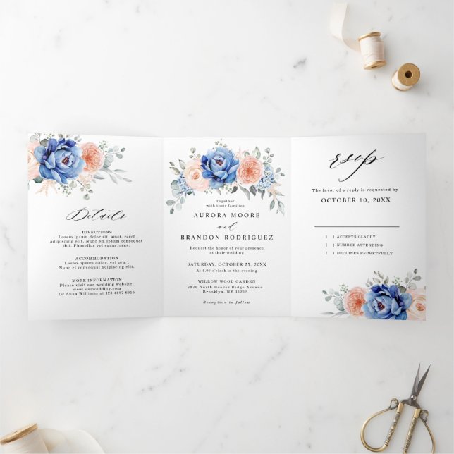 Navy Blue Slate Dusty Blush Pink Floral Wedding  Tri-Fold Announcement (Inside)