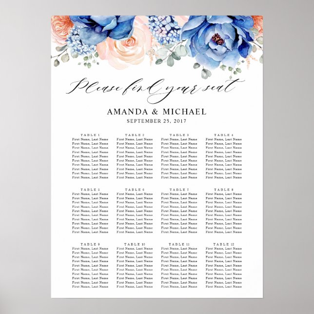 Navy Blue Slate Dusty Blush Pink Seating Chart (Front)