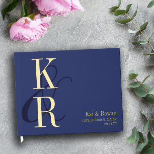 Navy Blue Slender Ampersand Gold Intials Wedding Guest Book