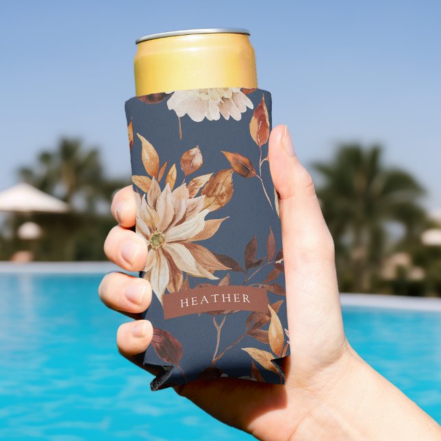 Navy Blue Slim Seltzer Can Cooler (Navy Blue Floral Slim Seltzer Can Cooler by Painted Paperie)