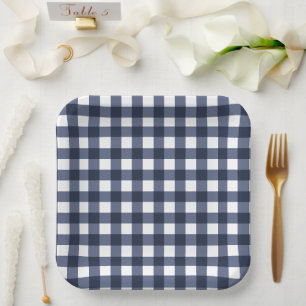 Navy Blue Small Classic Gingham Check Plaid Paper Plate