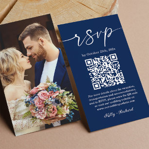 Navy Blue Small Wedding Website RSVP QR Code Enclosure Card