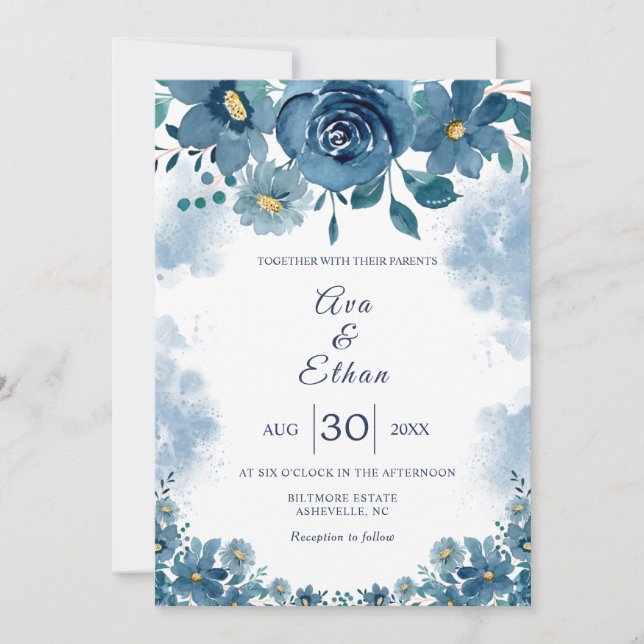 Navy Blue Smoke Floral Wedding Invitation (Front)