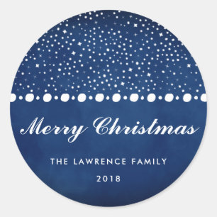 Navy Blue Snow Stars Merry Christmas Holiday Classic Round Sticker