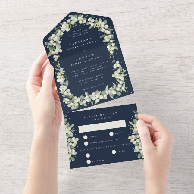 Navy Blue Snowberry+Eucalyptus Winter Wedding All In One Invitation (Tearaway)