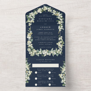 Navy Blue Snowberry+Eucalyptus Winter Wedding All In One Invitation