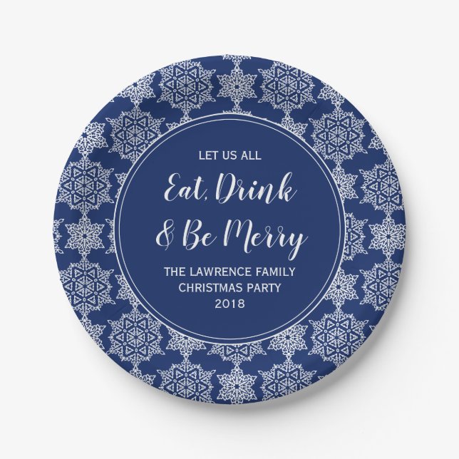 Navy Blue Snowflake Eat Drink Christmas Party Paper Plate (Front)