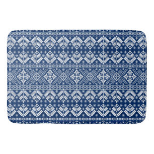 Navy Blue Snowflake & Floral Fair Isle Christmas Bath Mat