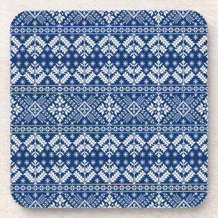 Navy Blue Snowflake & Floral Fair Isle Christmas Coaster