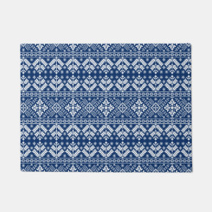 Navy Blue Snowflake & Floral Fair Isle Christmas Doormat