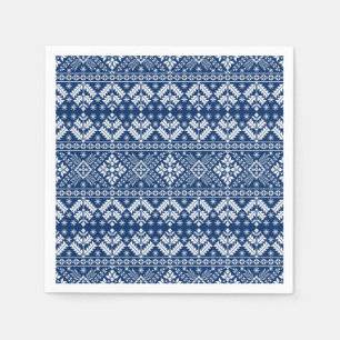 Navy Blue Snowflake & Floral Fair Isle Christmas Napkin