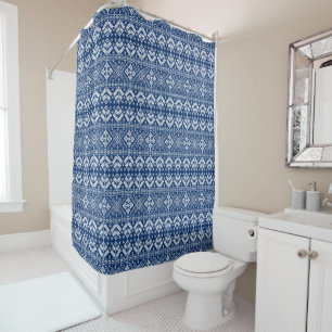 Navy Blue Snowflake & Floral Fair Isle Christmas Shower Curtain