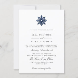 Navy Blue Snowflake Winter Photo Formal Wedding Invitation