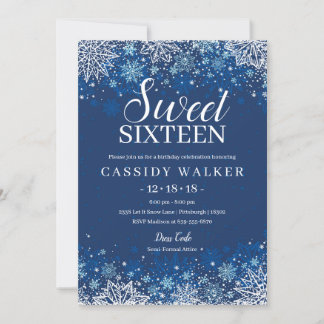 Navy Blue Snowflake Winter Sweet 16 Birthday Invitation