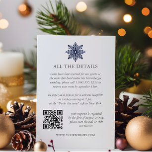 Navy Blue Snowflake Winter WEDDING QRCode Details Enclosure Card