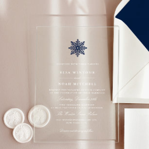 Navy Blue Snowflake Winter Wedding Transparent Acrylic Invitations