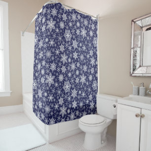 Navy Blue Snowflakes Pattern Christmas Bath Decor Shower Curtain