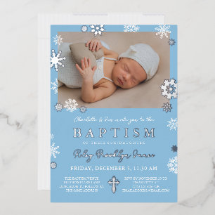 Navy Blue Snowflakes Photo Winter Baptism Silver