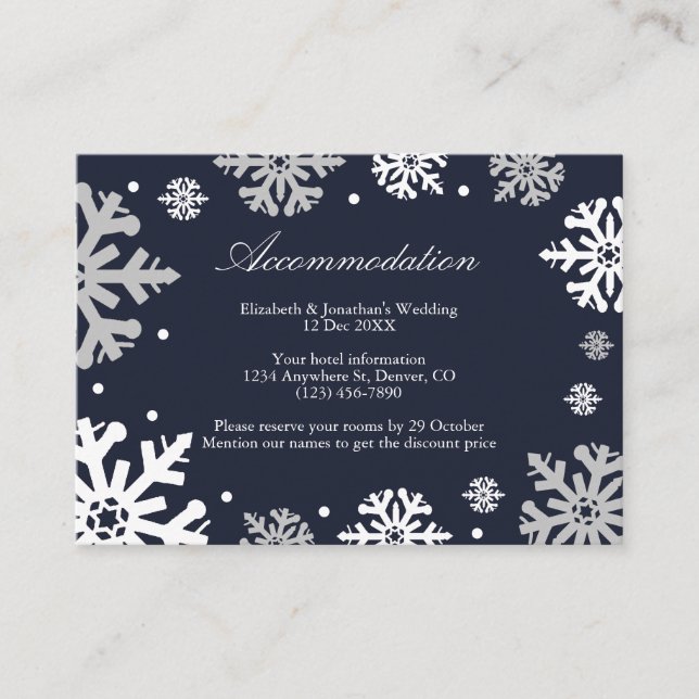 Navy Blue Snowflakes Winter Wedding Accommodation Enclosure Card (Front)