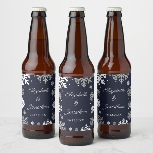 Navy Blue Snowflakes Winter Wedding Beer Bottle Label (Bottles)