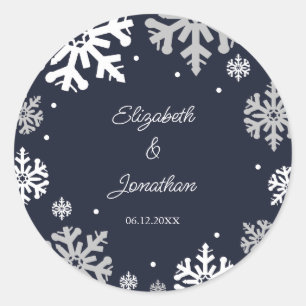 Navy Blue Snowflakes Winter Wedding Classic Round Sticker