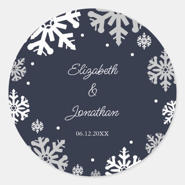 Navy Blue Snowflakes Winter Wedding Classic Round Sticker (Front)
