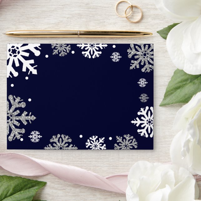 Navy Blue Snowflakes Winter Wedding Envelope (Wedding)